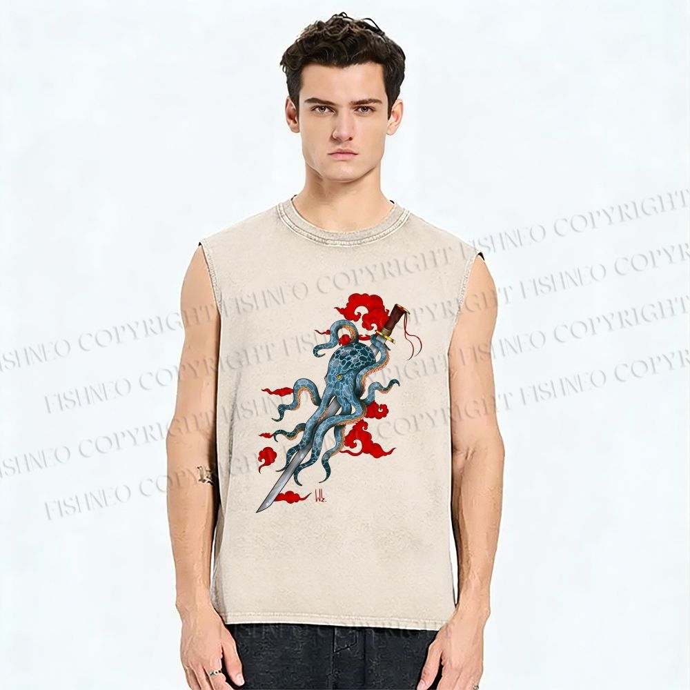 Unisex Octopus Katana Clouds Printed Washed Tank Top