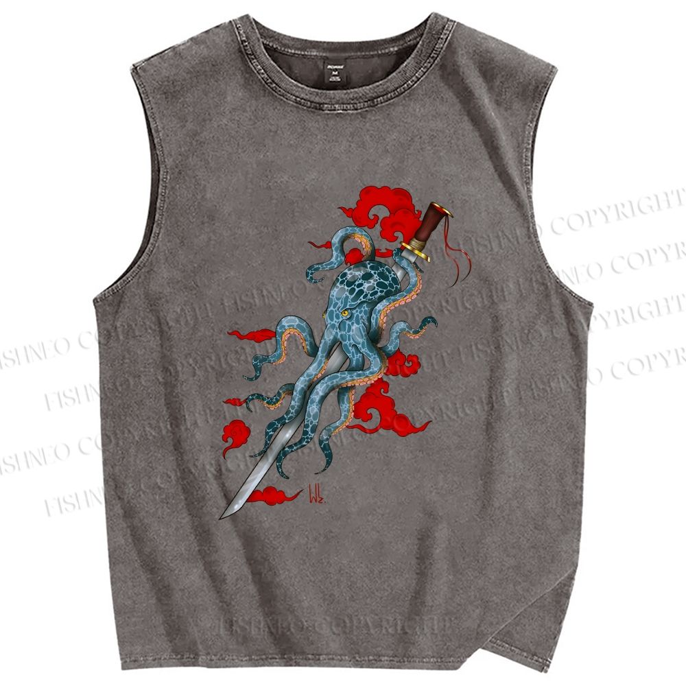 Unisex Octopus Katana Clouds Printed Washed Tank Top