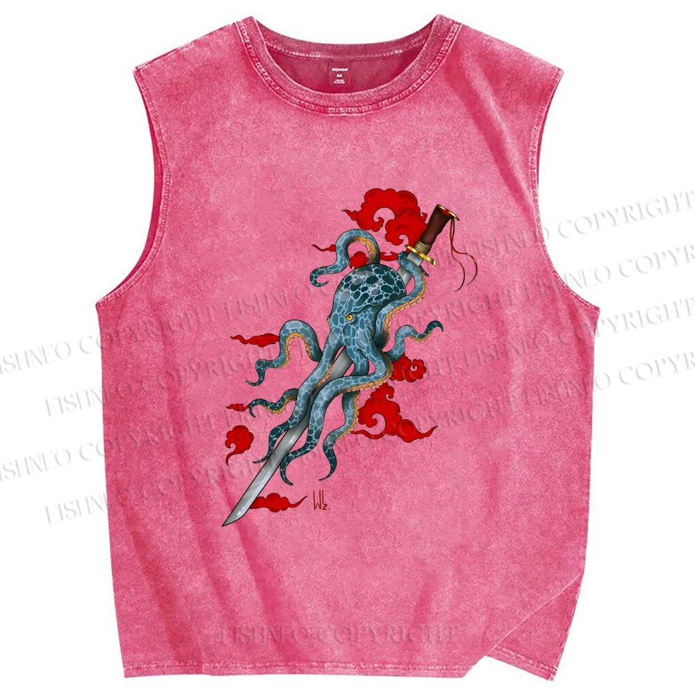 Unisex Octopus Katana Clouds Printed Washed Tank Top