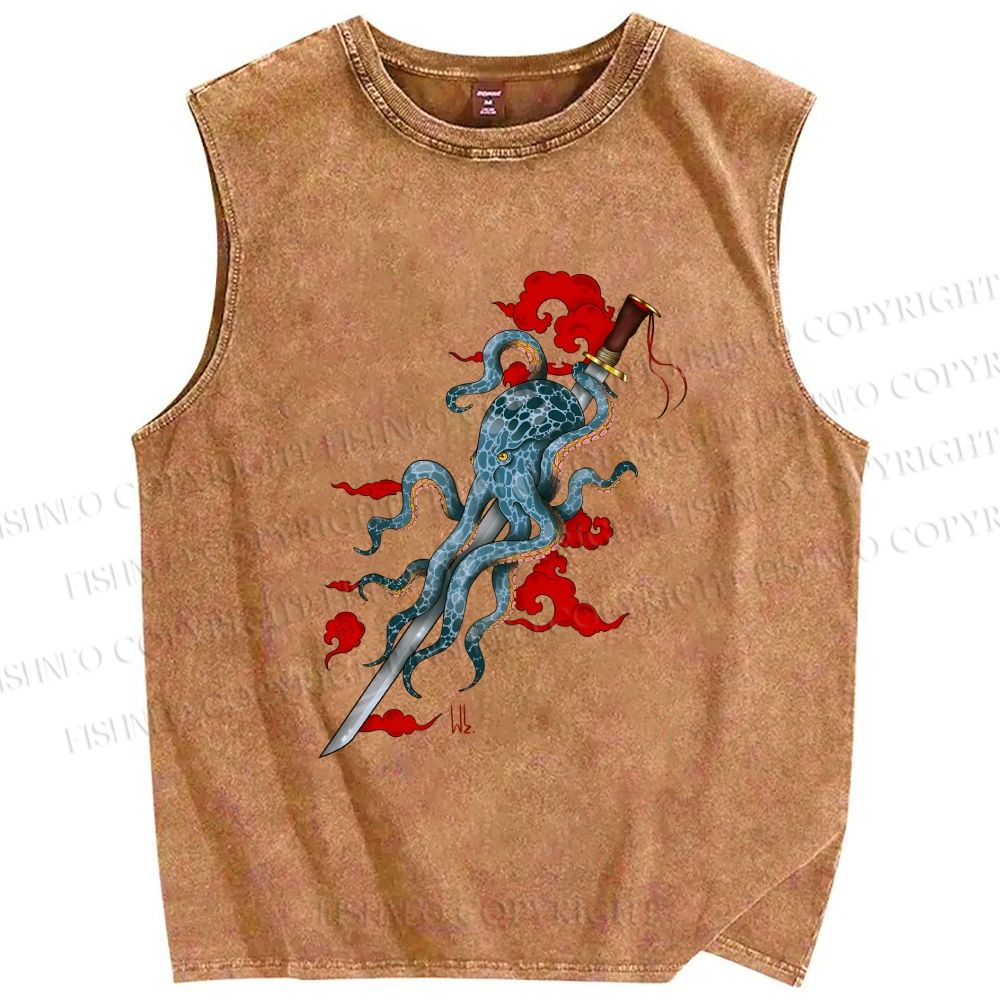 Unisex Octopus Katana Clouds Printed Washed Tank Top