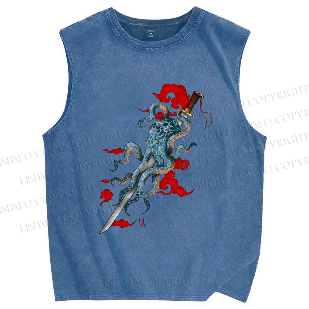 Unisex Octopus Katana Clouds Printed Washed Tank Top