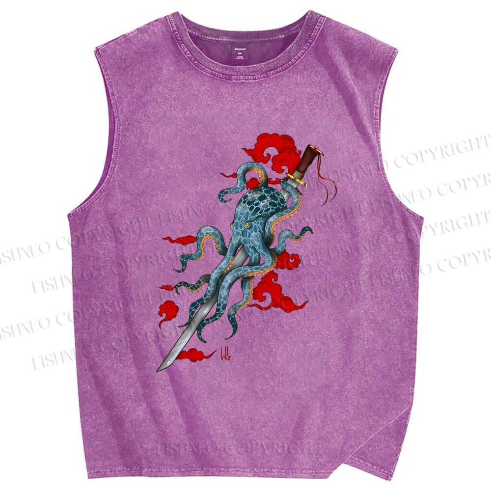 Unisex Octopus Katana Clouds Printed Washed Tank Top