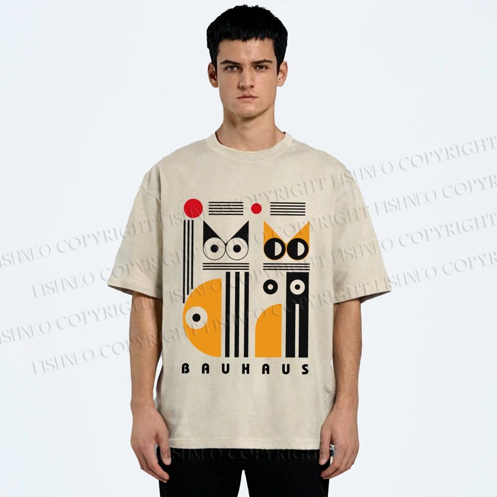 Unisex Bauhaus Cats Printed Washed Tee