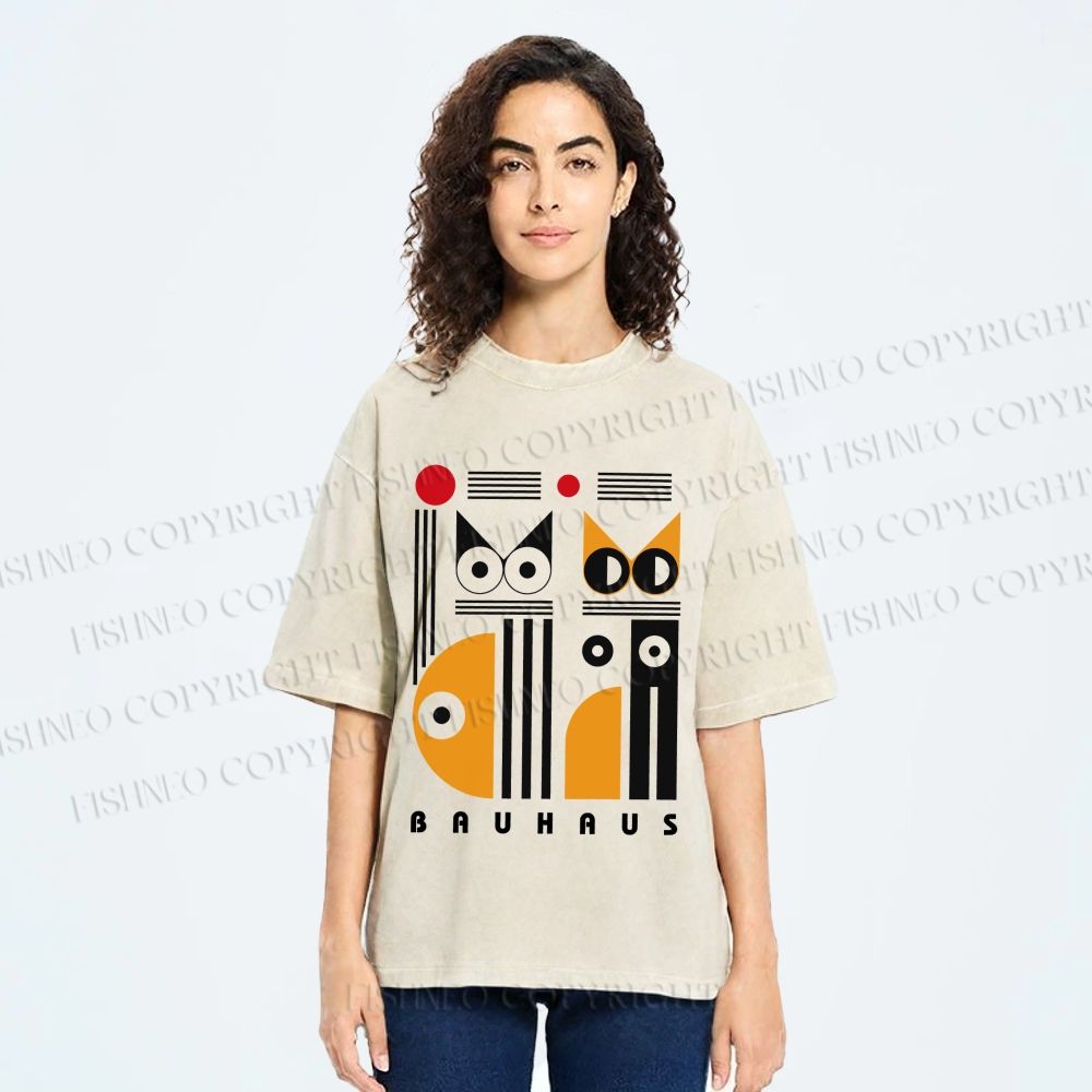 Unisex Bauhaus Cats Printed Washed Tee