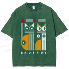 Unisex Bauhaus Cats Printed Washed Tee