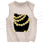 Unisex Black Cat With Daisy Printed Washed Tank Top