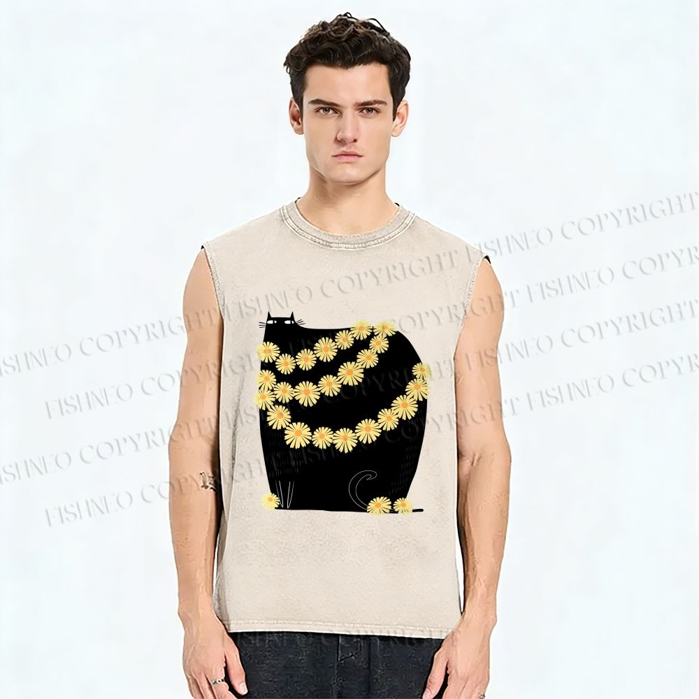 Unisex Black Cat With Daisy Printed Washed Tank Top