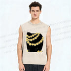 Unisex Black Cat With Daisy Printed Washed Tank Top