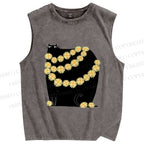 Unisex Black Cat With Daisy Printed Washed Tank Top