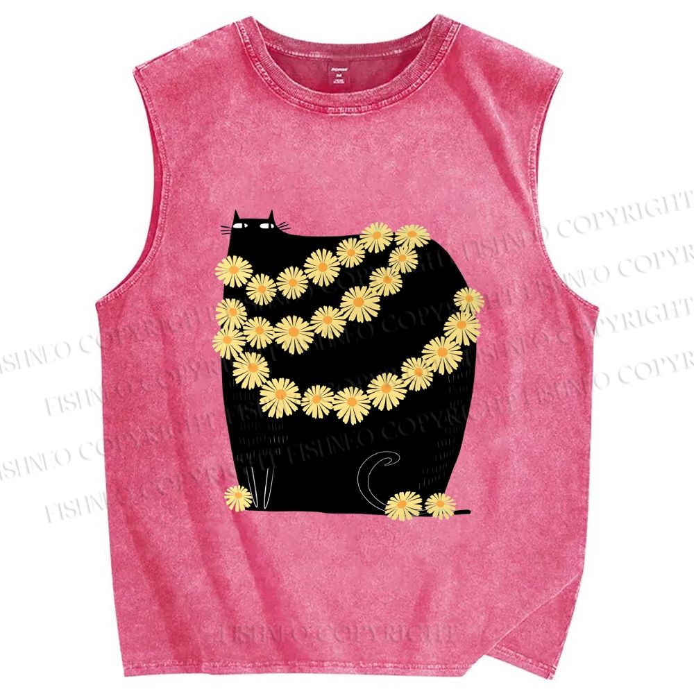 Unisex Black Cat With Daisy Printed Washed Tank Top
