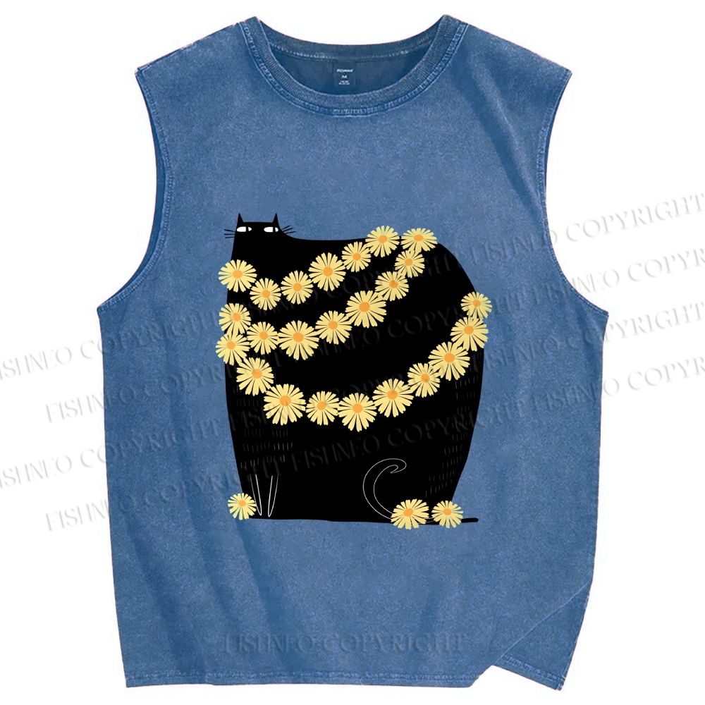 Unisex Black Cat With Daisy Printed Washed Tank Top