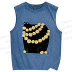 Unisex Black Cat With Daisy Printed Washed Tank Top
