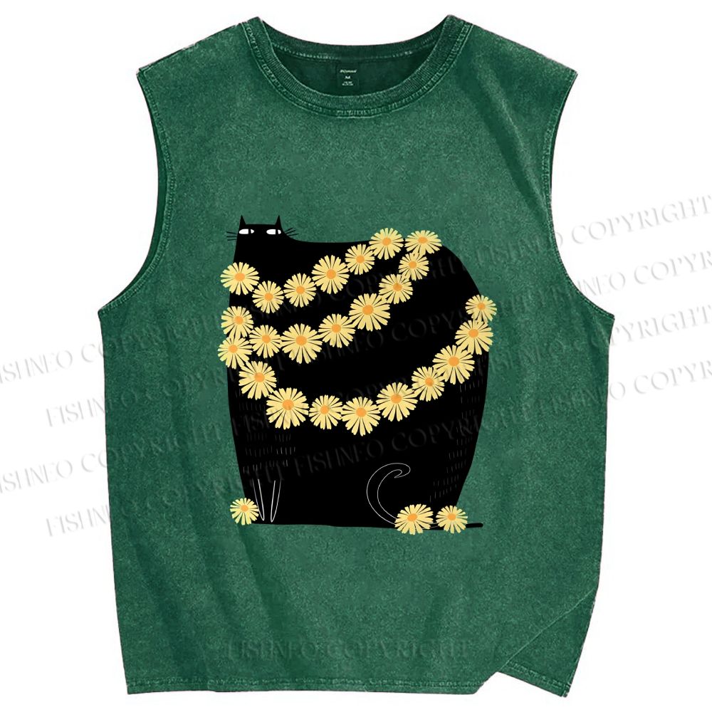 Unisex Black Cat With Daisy Printed Washed Tank Top