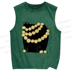Unisex Black Cat With Daisy Printed Washed Tank Top