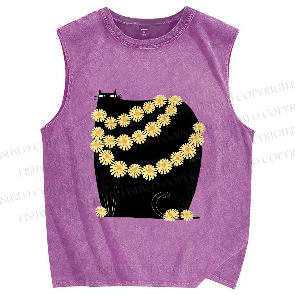 Unisex Black Cat With Daisy Printed Washed Tank Top