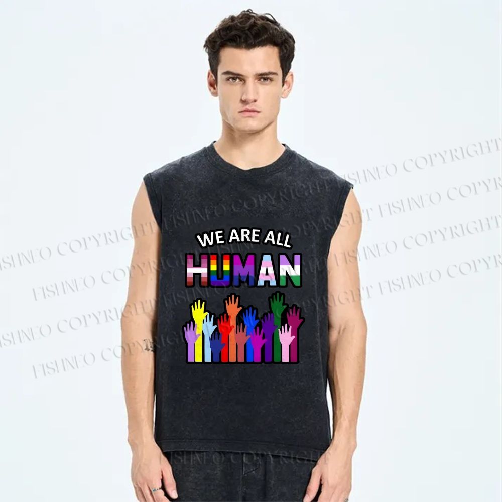Unisex Pride We Are All Human Printed Washed Tank Top