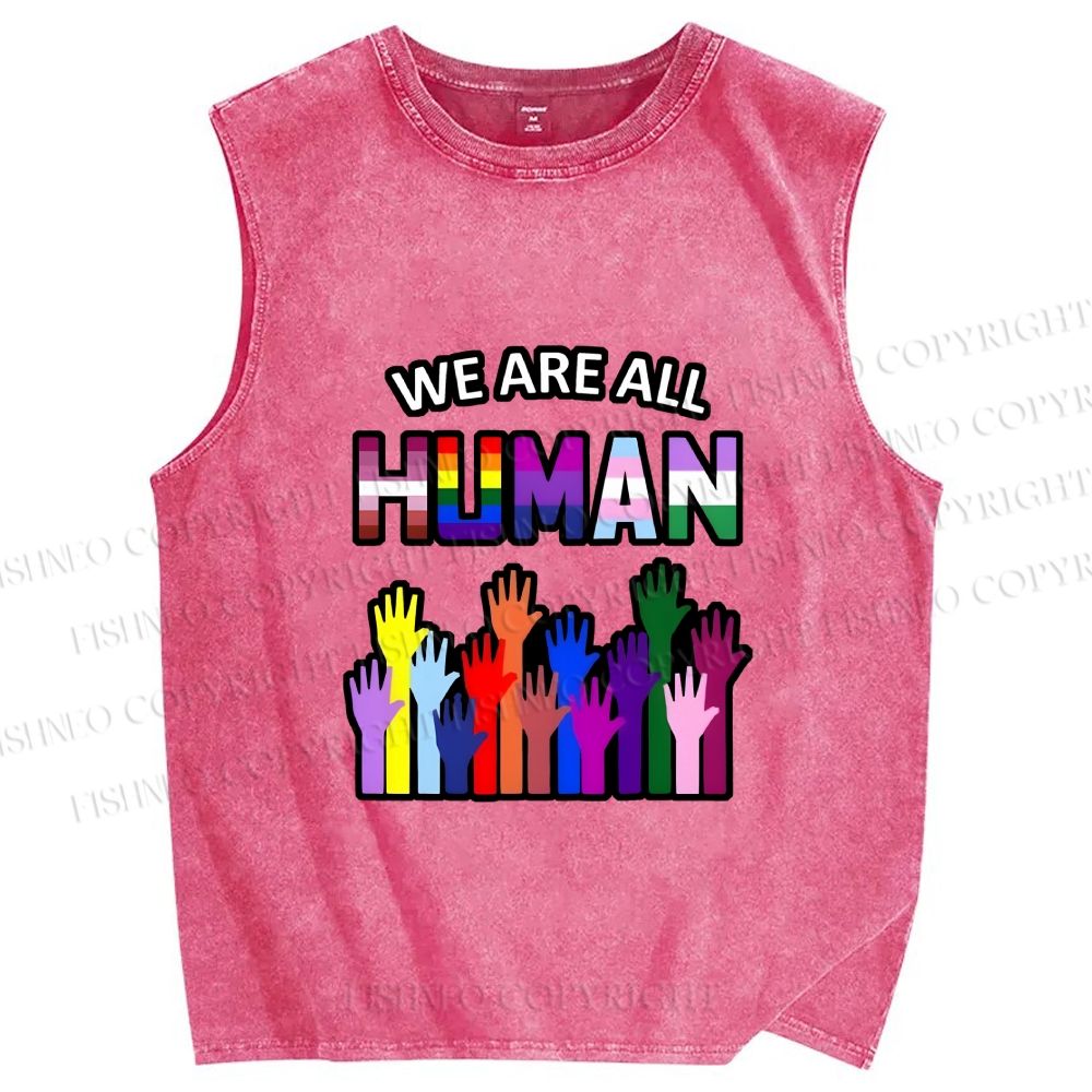 Unisex Pride We Are All Human Printed Washed Tank Top