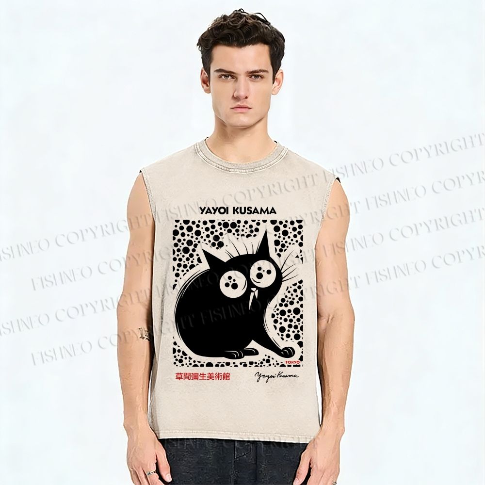 Unisex Yayoi Kusama Silly Black Cat Printed Washed Tank Top