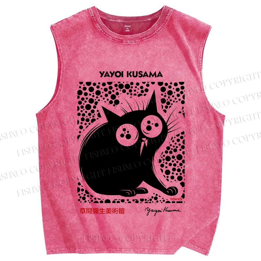 Unisex Yayoi Kusama Silly Black Cat Printed Washed Tank Top