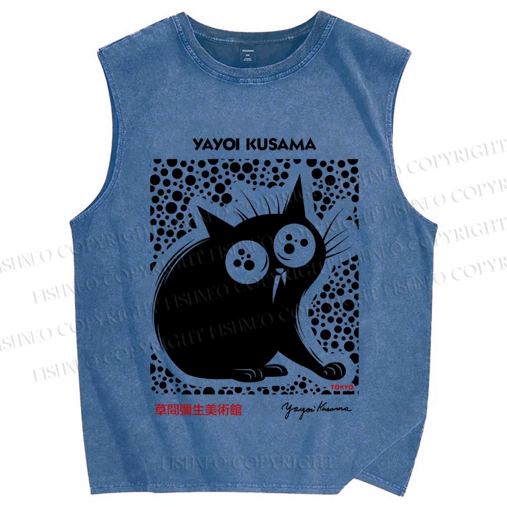 Unisex Yayoi Kusama Silly Black Cat Printed Washed Tank Top