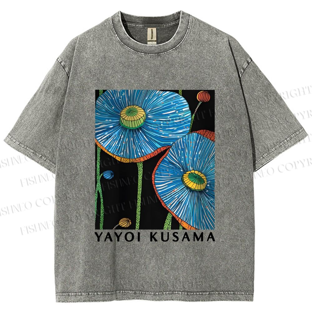 Unisex Yayoi Kusama Giant Blue Flowers Printed Washed Tee