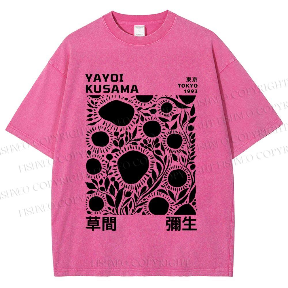 Unisex Yayoi Kusama Black Flowers Printed Washed Tee