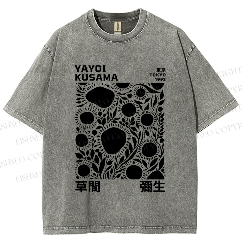 Unisex Yayoi Kusama Black Flowers Printed Washed Tee