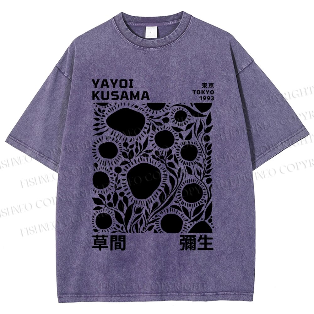 Unisex Yayoi Kusama Black Flowers Printed Washed Tee