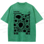 Unisex Yayoi Kusama Black Flowers Printed Washed Tee