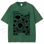 Unisex Yayoi Kusama Black Flowers Printed Washed Tee