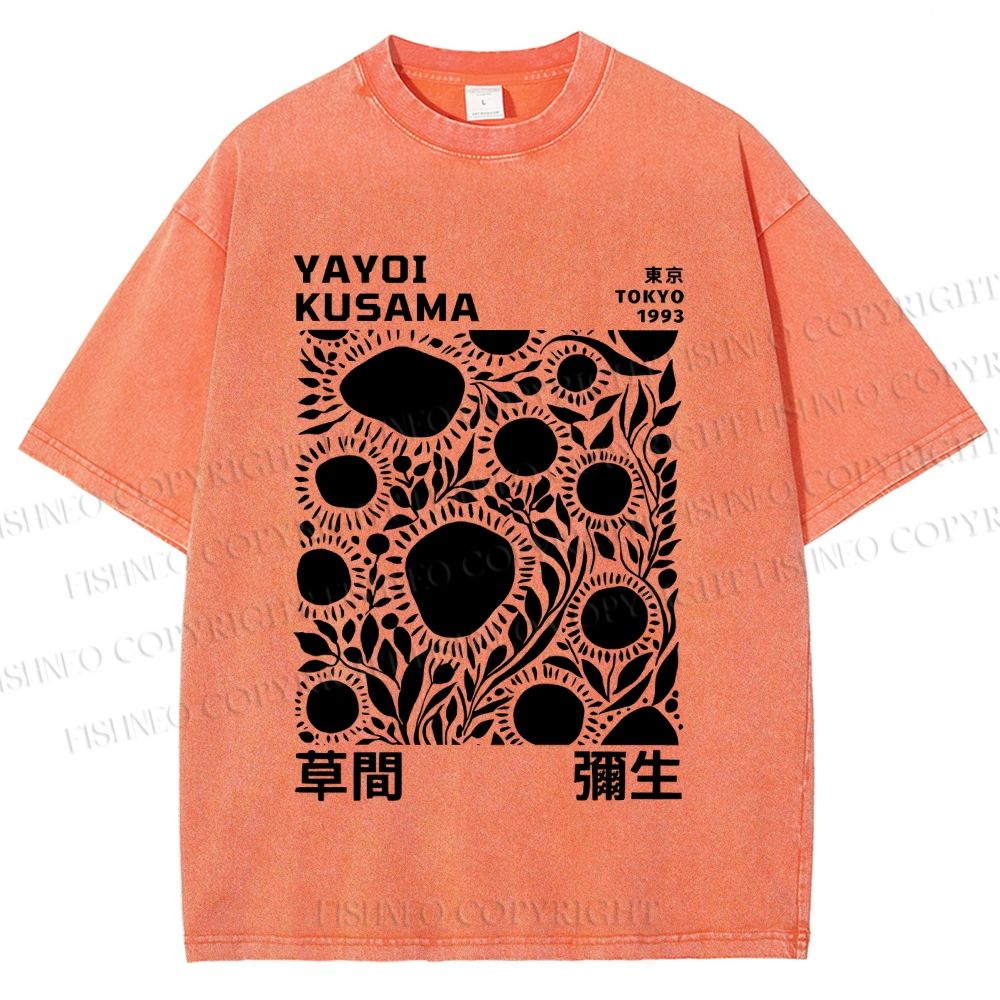 Unisex Yayoi Kusama Black Flowers Printed Washed Tee