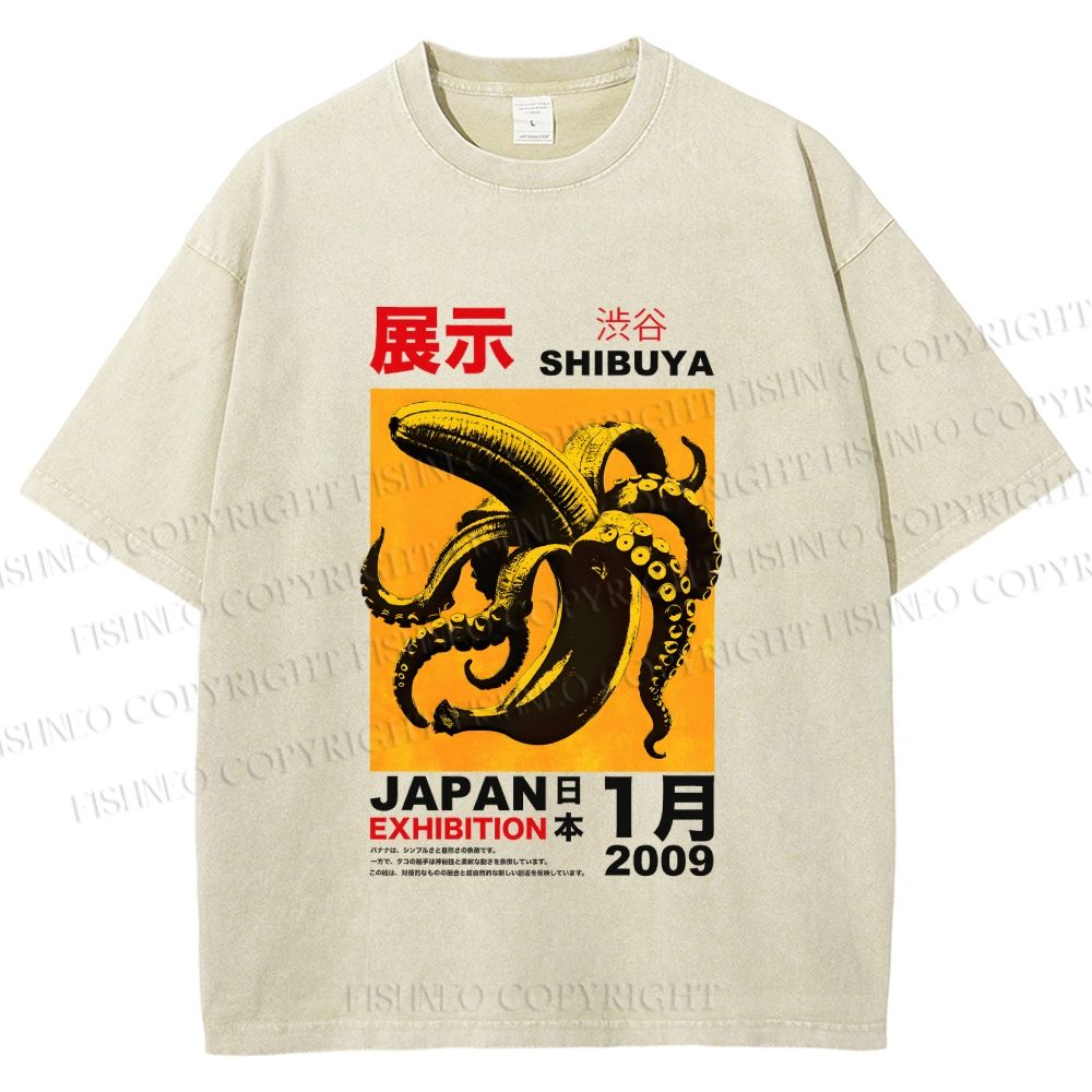Unisex Shibuya Banana Octopus Printed Washed Tee