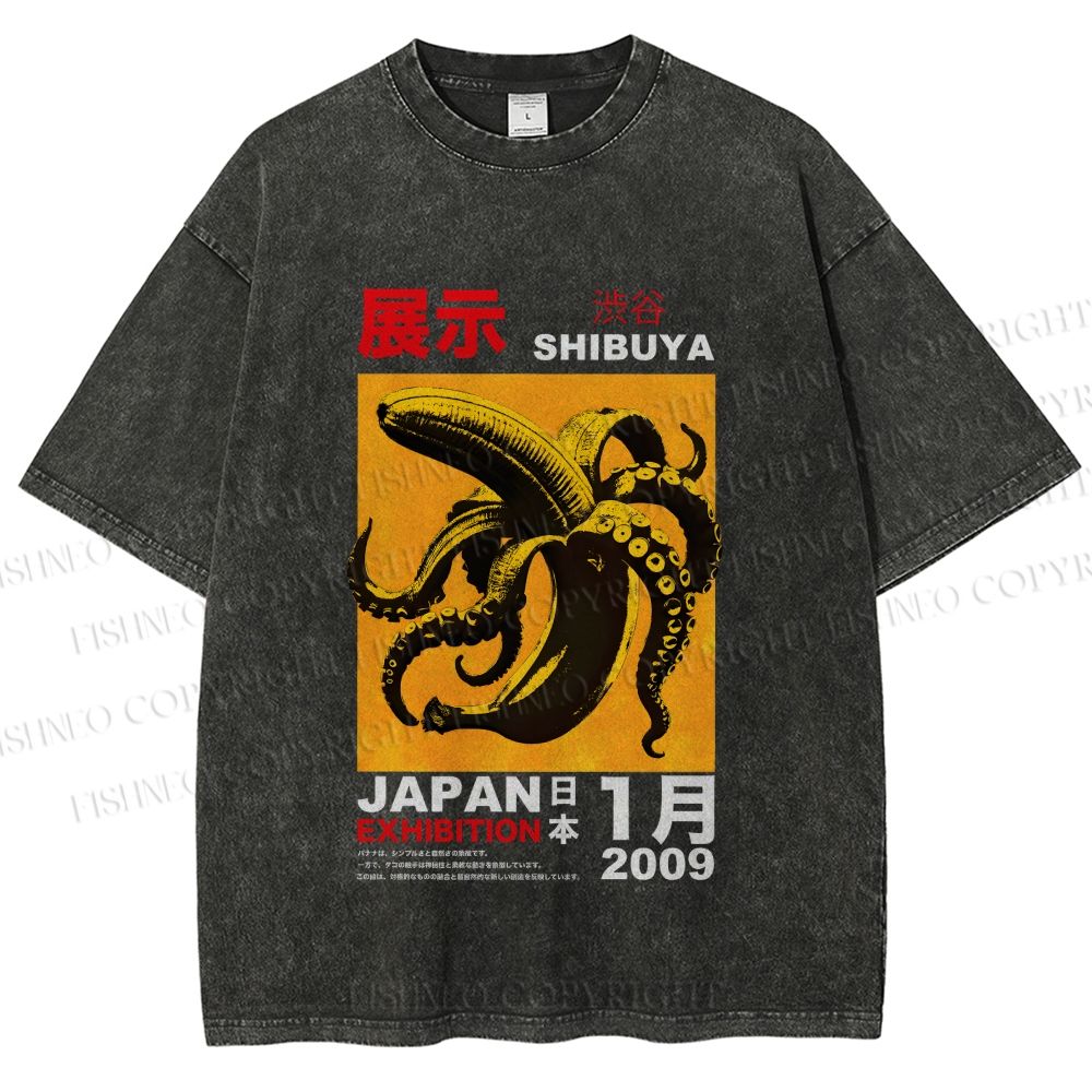 Unisex Shibuya Banana Octopus Printed Washed Tee