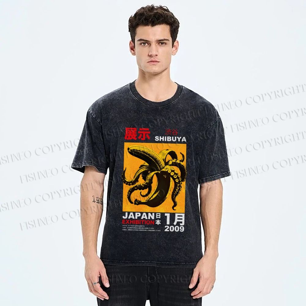 Unisex Shibuya Banana Octopus Printed Washed Tee
