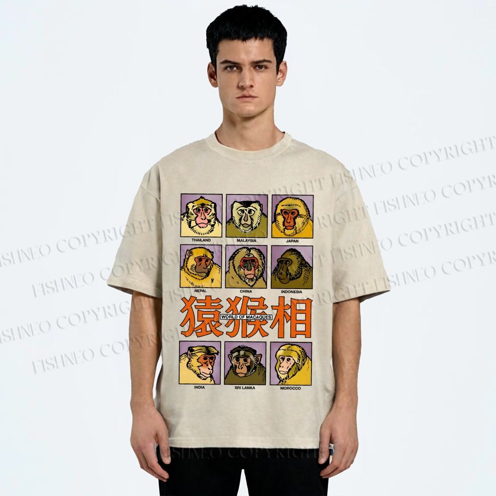 Unisex World of Macaques Printed Washed Tee