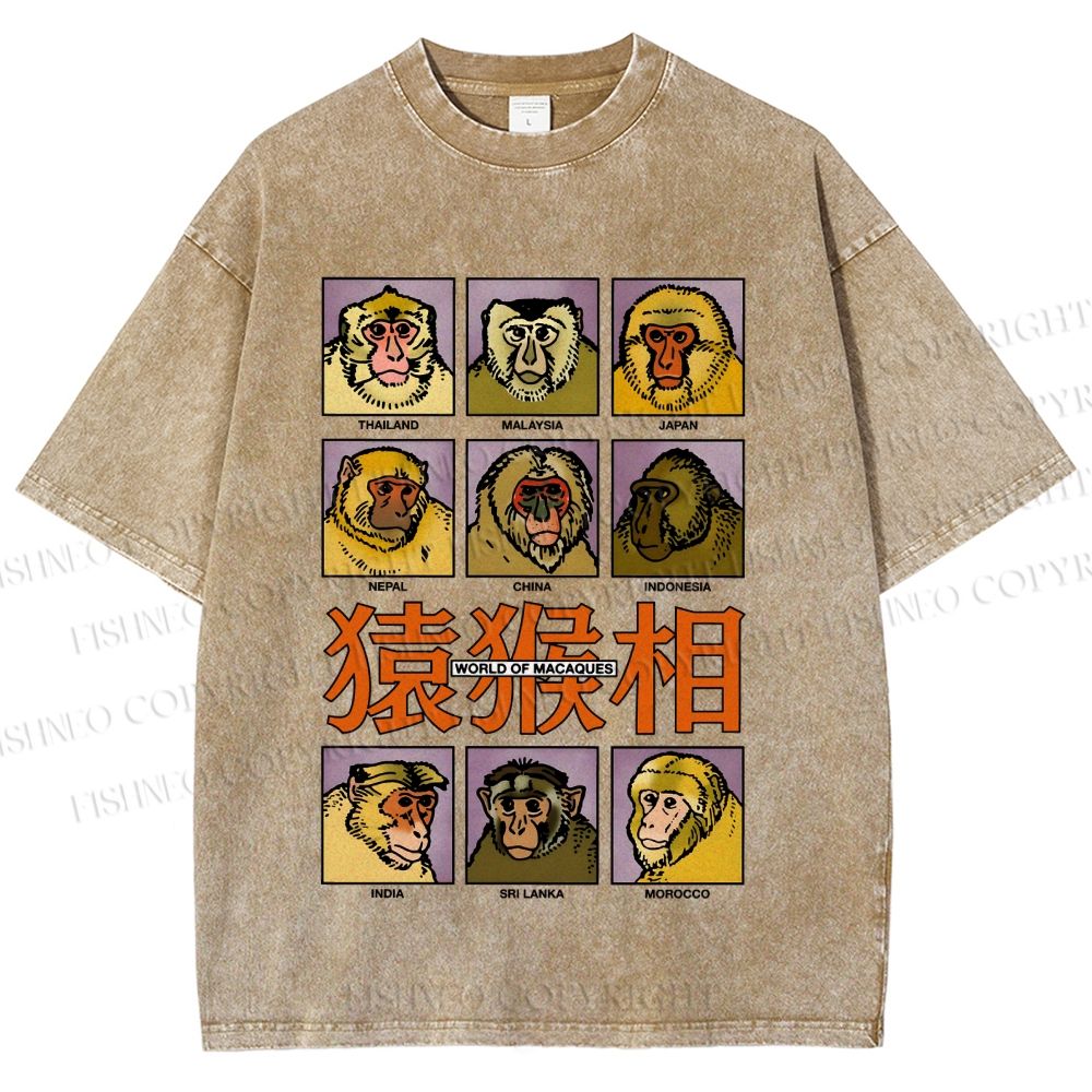 Unisex World of Macaques Printed Washed Tee