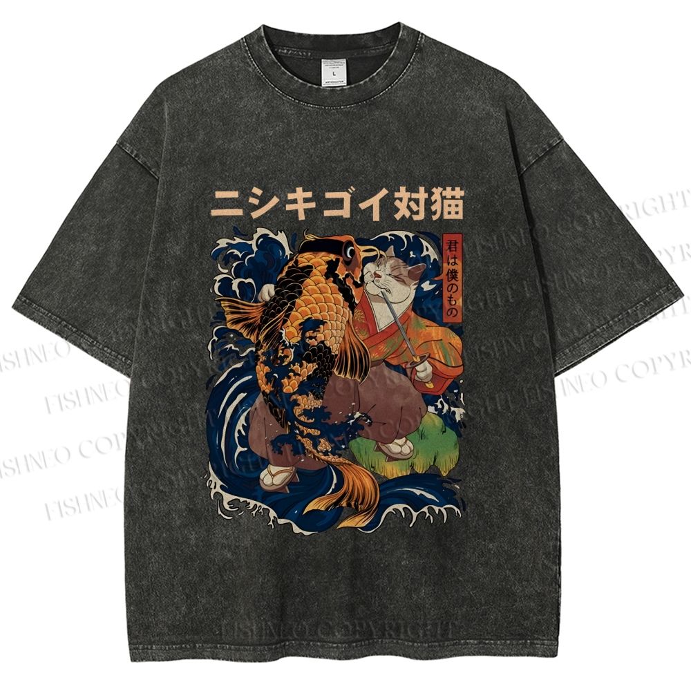 Unisex Harajuku Samurai Cat Koi Fish Printed Washed Tee