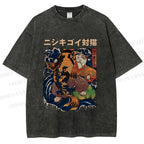 Unisex Harajuku Samurai Cat Koi Fish Printed Washed Tee
