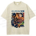 Unisex Harajuku Samurai Cat Koi Fish Printed Washed Tee