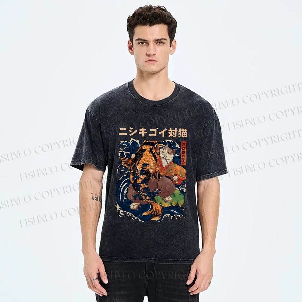 Unisex Harajuku Samurai Cat Koi Fish Printed Washed Tee