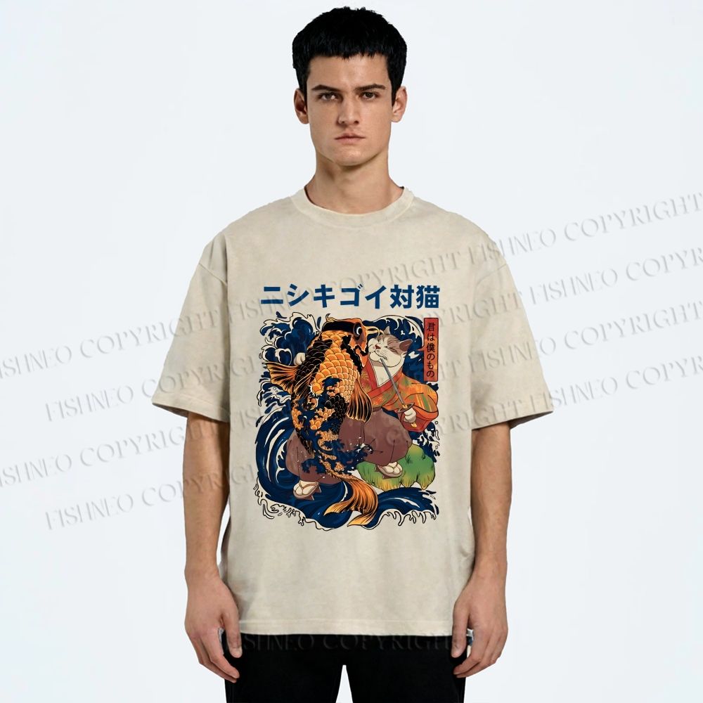 Unisex Harajuku Samurai Cat Koi Fish Printed Washed Tee