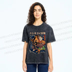 Unisex Harajuku Samurai Cat Koi Fish Printed Washed Tee