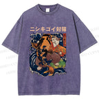 Unisex Harajuku Samurai Cat Koi Fish Printed Washed Tee