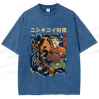Unisex Harajuku Samurai Cat Koi Fish Printed Washed Tee