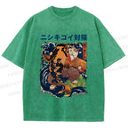 Unisex Harajuku Samurai Cat Koi Fish Printed Washed Tee