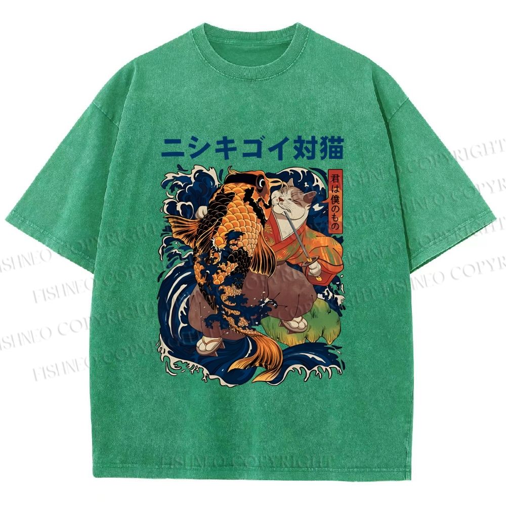 Unisex Harajuku Samurai Cat Koi Fish Printed Washed Tee