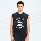 Unisex Deer Printed Washed Tank Top