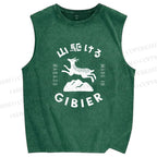 Unisex Deer Printed Washed Tank Top