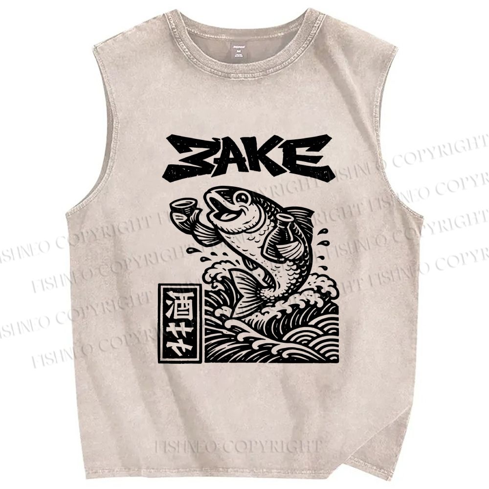 Unisex Sake Carp Printed Washed Tank Top