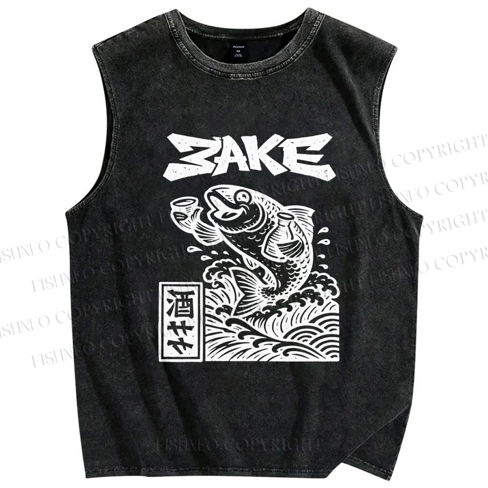 Unisex Sake Carp Printed Washed Tank Top